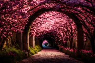 A close-up of pink blossoms in the enchanting tunnel, their vibrant colors and textures captured in...