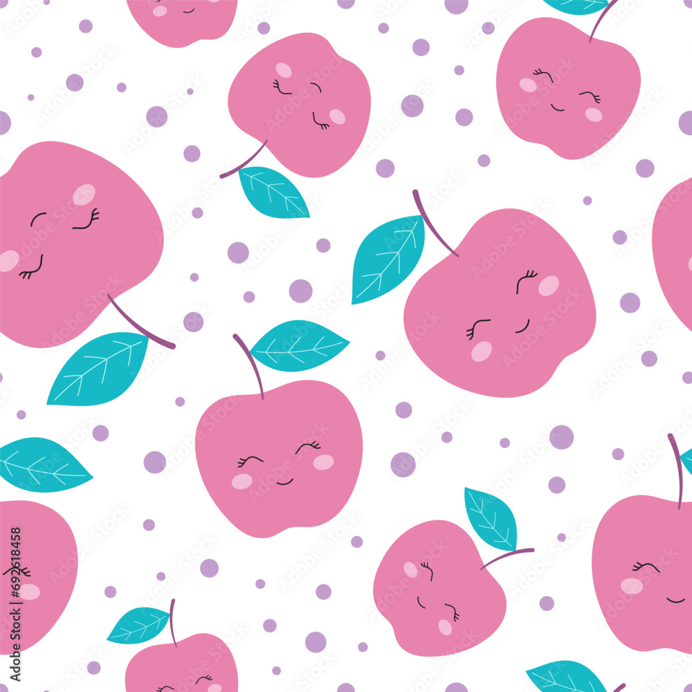 Wall mural seamless pattern with smiling apples, cartoon vector illustration with fruit character, flat design 