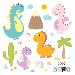 set of cute dinosaurs isolated on white background, funny vector illustration with cartoon animals, cactus, mountains, palm tree and rainbow