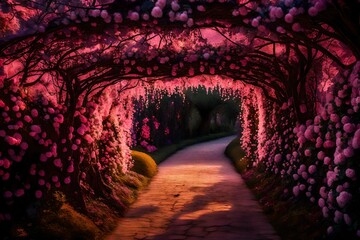 Twilight descending upon the pink flower tunnel, turning it into a magical realm of enchantment and love. - obrazy, fototapety, plakaty
