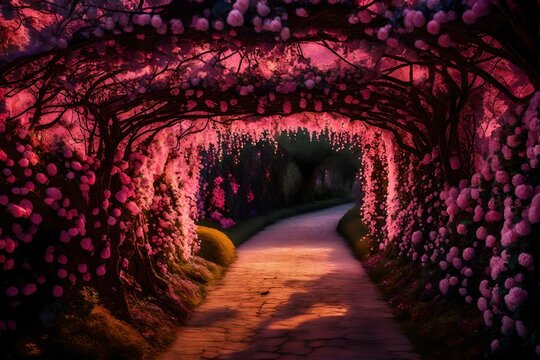 Fototapeta Twilight descending upon the pink flower tunnel, turning it into a magical realm of enchantment and love.