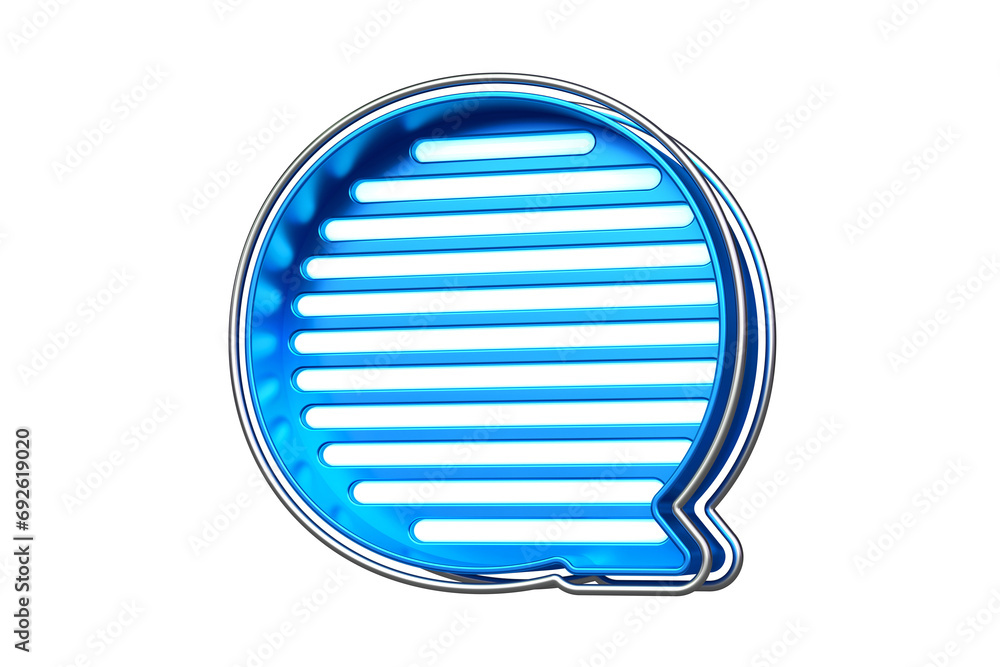 Poster metallic display font letter q in silver with vivid blue lines. flashing lettering for creating titl