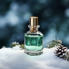 a bottle of perfume in snow