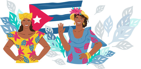 Cuban people on background of the national flag of Cuba
