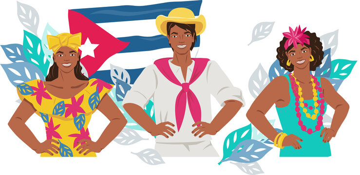 Welcome to Cuba Travel poster concept with pretty young cuban women at national flag backdrop.