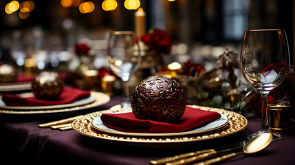 Fototapeta na wymiar luxurious table setting with a red napkin, gold-rimmed plates, ornate bauble, gold cutlery, and wine glasses, against a blurred light background