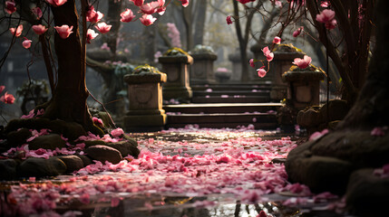 A solitary path is strewn with petals: Capture the essence of a lone traveler surrounded by a trail of scattered rose petals, symbolizing the journey towards love on Valentine's Da - obrazy, fototapety, plakaty