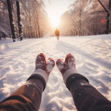 Generative AI image of a photo of a heart shaped character, heart shaped hands and heart shaped feet, in a cute winter wonderland