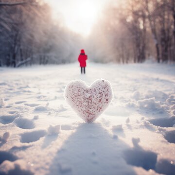 Generative AI image of a photo of a heart shaped character, heart shaped hands and heart shaped feet, in a cute winter wonderland