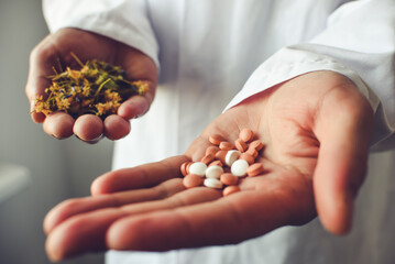Herbs and synthetic medicine in doctor's hands - obrazy, fototapety, plakaty