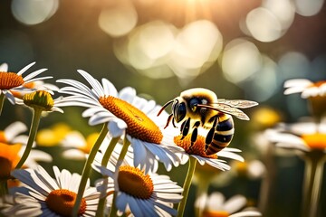 A bee collecting nectar from a vibrant daisy in a sunlit meadow. - obrazy, fototapety, plakaty