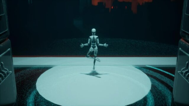 artificial intelligence humanoid female robot looking at futuristic city downtown from top view. Modern realistic animation with scifi skycrapers