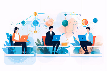 Flat 2D vector design for a diverse and inclusive business website: Innovative businessmen monitor systems with laptops and phones, accompanied by a floating positive metric line.