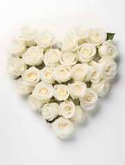 Bouquet of white Roses shaping a Heart on a white Background. Romantic Template with Copy Space