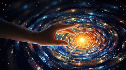 Captivating image of a hand reaching towards a swirling galaxy, symbolizing cosmic connection - obrazy, fototapety, plakaty