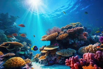 Fototapeta na wymiar Captivating underwater scene with vibrant coral reefs and diverse marine life, oceanic biodiversity