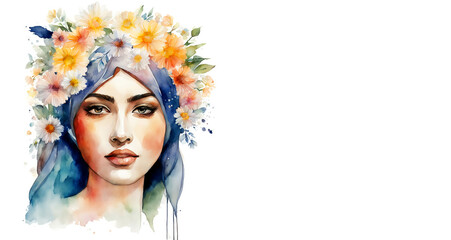 a beautiful watercolor female face with flowers in her hair. the woman's appearance, nationality. artificial intelligence generator, AI, neural network image. background for the design.