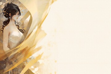 illustration of a beautiful asian woman in a luxurious golden dress. Copy space for text