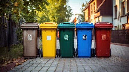 Garbage bins with colors for recycling - obrazy, fototapety, plakaty