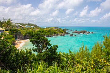 Fototapeta na wymiar Achilles Beach aerial view at Achilles' Bay next to Fort St. Catherine near St. George's Town in Bermuda. Historic St. George and Fortifications is a World Heritage Site since 2000. 