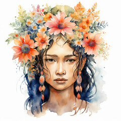 a beautiful watercolor female face with flowers in her hair. the woman's appearance, nationality. artificial intelligence generator, AI, neural network image. background for the design.