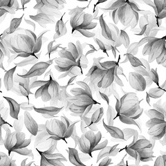Seamless Pattern with Black Flowers. Watercolor hand drawn illustration of floral ornament on white isolated background painted by watercolor inks. Ornament for textile design or wrapping paper.