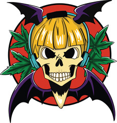 bat girl skull wearing headphone with marijuana baground