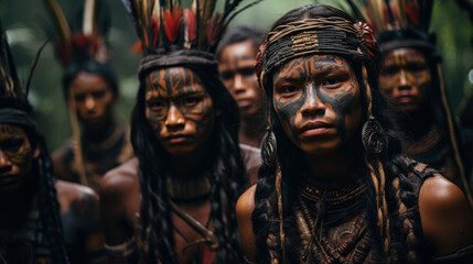 Portrait of an indigenous community engaged showcasing their connection with the environment. - obrazy, fototapety, plakaty