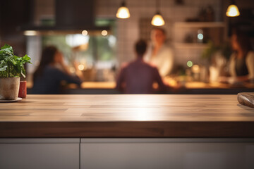 Modern Kitchen Counter with Blurred People in Background