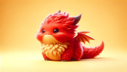 Cute red baby dragon. Cartoon fluffy dragon character. Funny Fantasy monster with wings and big eyes. Fairy-tale hero. Children book. Illustration of tales. Toy design. Print. Copy space. Isolated