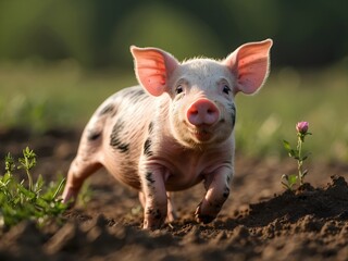 Cute little baby piglet jumping in the mud, animal background