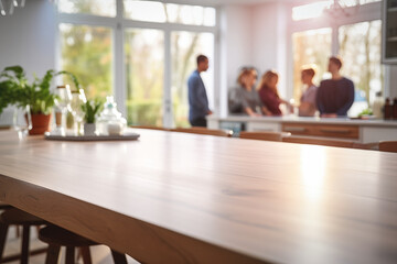 an empty island counter with copy-space in kitchen room at home with a blur group of many friends chatting at dining table as Empty Kitchen Counter with Blurred Friends in Background