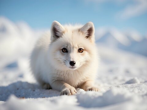 Portrait of cute little baby white arctic fox in the snow, animal background, wallpaper