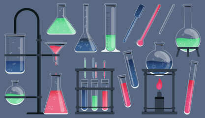 Chemistry tools. Cartoon chemical laboratory equipment, scientific research equipment, pharmaceutics and biology lab equipment. Vector isolated set
