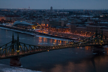 View of the city at dusk. Budapest Hungary, tilt-shift effect