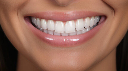 Obraz premium Smile of a woman with perfect white teeth and natural lipstick. Close up. Portrait. 