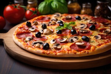 Mouthwatering Pepperoni Pizza Topped With Mushrooms And Olives