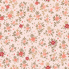 Floral pattern. Beautiful flowers on a pale pink background. Print with small pink, red and burgundy flowers. Green stems and leaves. Seamless vector texture. A spring bouquet.