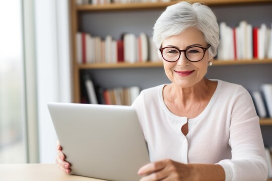 Elderly Woman Engaging In A Lifelike Online Book Club Conversation