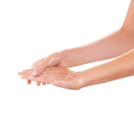 Skincare, foam and washing hands closeup in studio isolated on a white background mockup space....