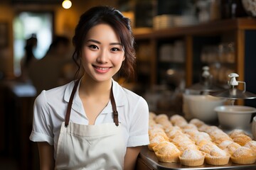 Bakery worker greeting customers at store