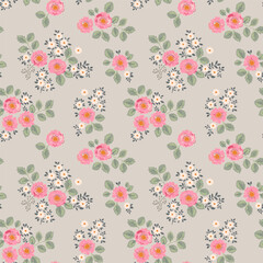 Seamless vector pattern with bouquets of bright flowers in vintage style on a background in bright colors. Pale pink roses, blue flowers and beige leaves.