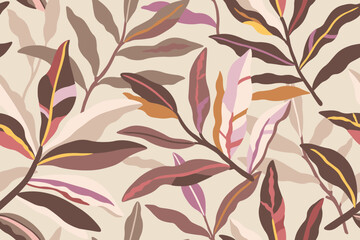 Leaf pattern in beige colors, floral pattern, abstract pattern. Vector illustration on a light beige background.