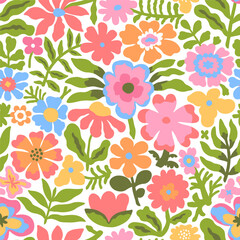 A colorful pattern depicting bright tropical plants, flowers, flower twigs, leaves on a white background. Foliage of exotic plants in summer for banners, prints, decor.