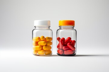 Yellow and red pills in glass bottles