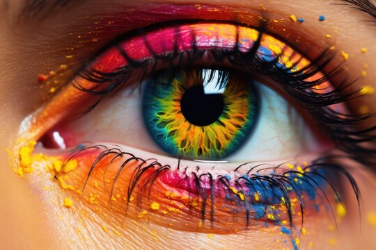 Vivid Eyeball with Rainbow Iris and Glitter Eyelashes A Female Eye