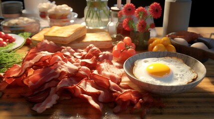 Breakfast with fried eggs and bacon on a wooden table in a restaurant