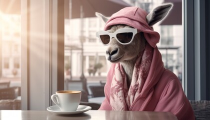 animal cartoon with a mug of coffee, cute sheep or llama drinks a drink.