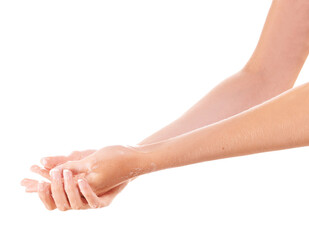 Health, soap and closeup of washing hands in studio for hygiene, wellness or selfcare. Grooming, cosmetic and zoom of person or model clean skin to prevent germs, bacteria or dirt by white background