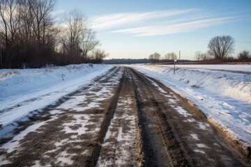 Obraz premium Tracks Of Mud Stain A Snowy Rural Road
